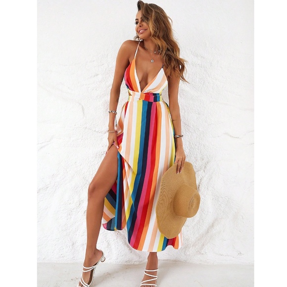 Striped Multicolor Backless Strappy V-Neck Maxi Dress Leg Slit - Picture 3 of 16